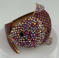 Vintage Fish Clamper Cuff Bracelet Red Pink AB Rhinestone Enamel Statement