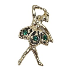 Vintage Gold Tone Green Rhinestone Ballerina Brooch 1 5/8″ Length