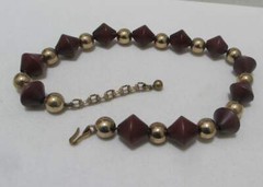 Vtg WOOD Dark Brown Bi-Cone Beads Gold Tone Round Beads Necklace Max 16”