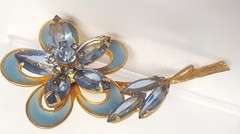Vintage Blue Glass Rhinestone Enamel Flower Brooch Marquise Round Gold Tone Pin
