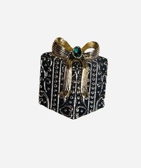 VTG Ornate Brooch Pin Gift Box Green Stone Golden Bow on top Textured Hearts