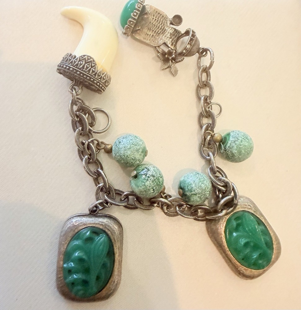 Vintage Silver Tone Charm Bracelet Faux Jade Tusk Boho Missing Stone Repair
