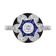 Art Deco Style Lab Created Diamond & Sapphire Wedding Ring 14K White Gold Finish