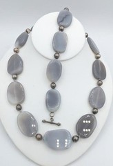 Vintage Gemstone Necklace Bracelet Set Sterling Chunky Silver Gray Agate Toggle