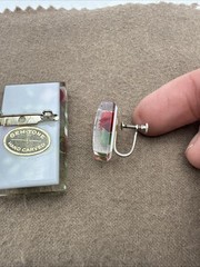 Vintage Lucite Encased Red Rose Green Leaves Screw Back Earrings & Brooch Set