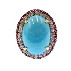 14k Solid Yellow Gold Natural Turquoise White Sapphire and Ruby HALO Ring Sz 5