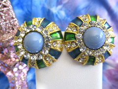 Large Rhinestone Earrings Green Blue Gold Medallion Clip-On Earring NEW