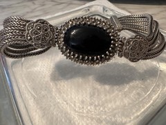 Vinta 925 Sterling Silver Black Onyx Marcasite Multi Strand Floral Bracelet 8.5”
