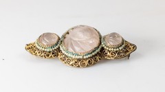 Antique Chinese Gilt Silver Filigree Brooch Pin with Rose Quartz Cabochons