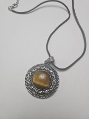 Vintage Boho Tiger Eye Style Pendant Necklace Silver Tone Round Filigree Stateme