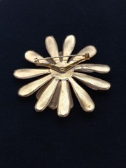 Mid-century GoldTone White Enamel Clear Pave crystals 3D Floral Design Brooch