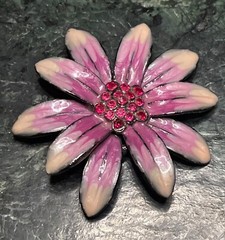 Gorgeous VTG 1970s Pink Rhinestone Enamel Flower Brooch 2.25” in Diameter