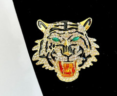Gold Tone Black Enamel & Rhinestones Tiger Face Brooch Contemporary
