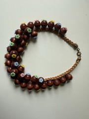 Vtg 1940s Miriam Haskell Style Wood Bead & Leather Cluster Necklace Flower Tips
