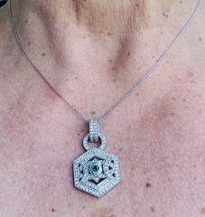 Vintage 14k White gold and diamond filigree EFFY BITA pendant with emerald