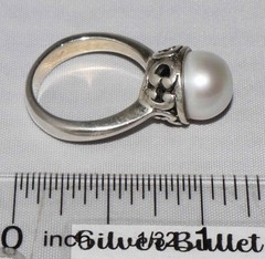Vintage Sterling Silver CFJ Single Pearl Ornate Setting Ring Size 5 3/4 or 6