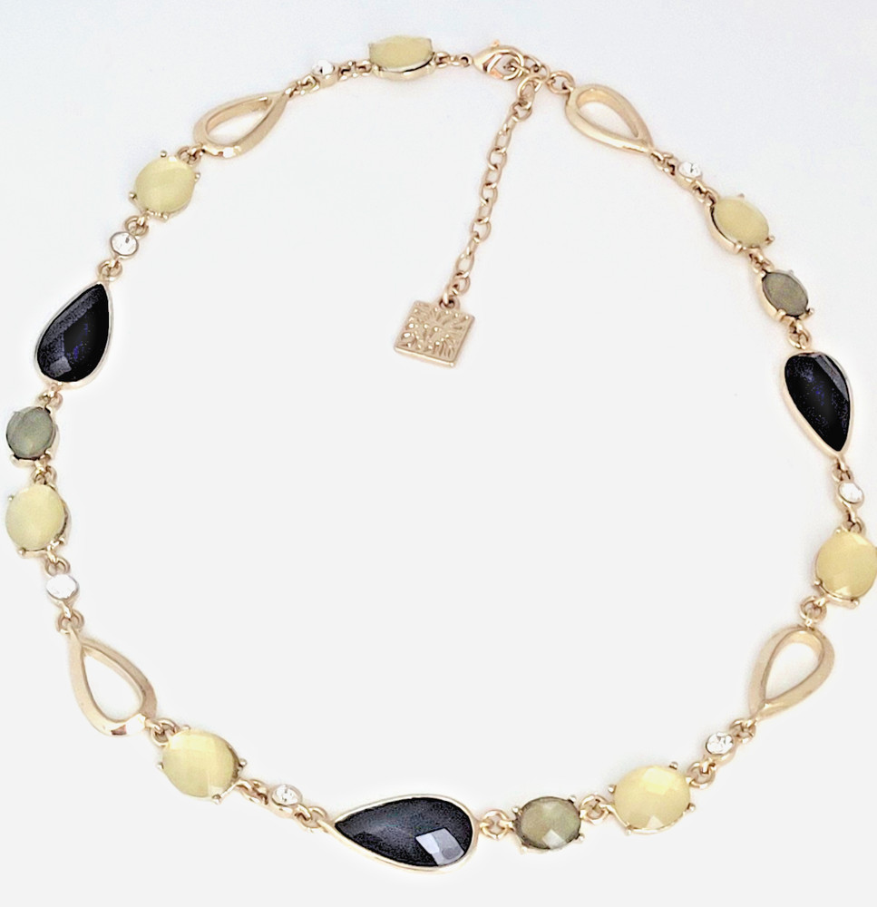 Anne Klein Necklace Gold Tone Chain Acrylic & Glass Rhinestone Choker 17″ Signed
