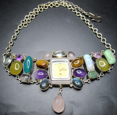 Gorgeous Genuine Gemstone Vintage Watch Face Necklace