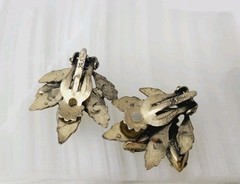 Vintage La Roco Green Yellow Rhinestone Gold Tone Earrings Clip Marquise Leaves