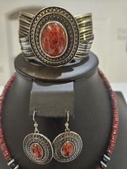 Vintage Premier Designs Red Spice Jewelry Set Bracelet Earrings Necklace Pendant