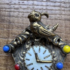 Vintage 1930s Signed Czech Dangle Pendulum Clock Brooch Glass Enamel & Porcelain