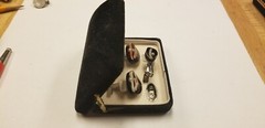 Vintage Japanese Cufflinks & Tie Bar Boxed Set Real pearl & Coral ~estate