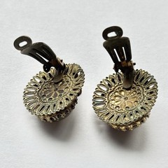 Green Porphyry Glass Cabochon Brass West Germany Vintage Clip On Earrings
