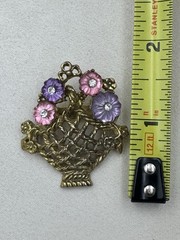 Vintage Victorian Revival Flower Basket Brooch Gold Tone Molded Glass Rhinestone