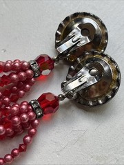 Vintage Super Long Dangle Drop Red Crystal Rivoli Pink Pearl Clip On Earrings