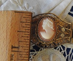 Antique 800 Silver Gold Plated Filigree 3 Natural Shell Cameo Bracelet 7″ 13.5g