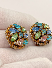 Vintage Barclay Multicolor Pastel Rhinestone Crystal Cluster Clip Earrings