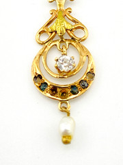 Antique Edwardian 9K Gold Pearl Lavalier Pendant Necklace 17 Inch