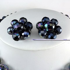 VTG West Germany Peacock Aurora Borealis Crystal Beaded Necklace & Clip Earrings