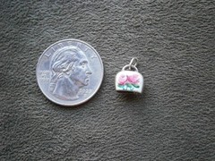 TINY Rose Flowers Cow Bell Vintage 800 Silver Guilloche Enamel Charm Pendant