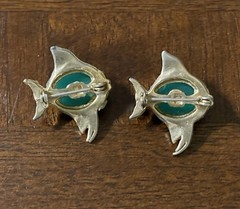 Vintage Brooch Set of 2 Fish Gold Tone Green Rhinestone Cabochon Moon glow
