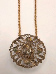 Vintage Art Nouvea Style Topaz Crystal Dragon Filigree Mixed Metal Necklace