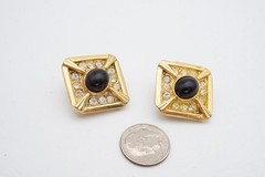 Vintage Clip On Earrings Gold Tone Rhinestone Black Cabochon