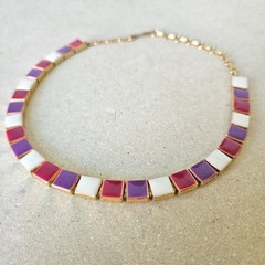 Vtg 80s Enamel Square Tile Choker Necklace Gold Tone Magenta Purple Cream Retro