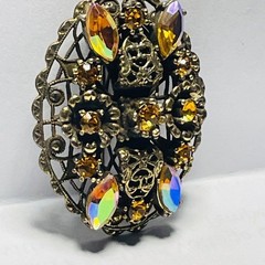 VINTAGE Gold Tone Filigree Amber Rhinestone Brooch AB Navette Statement