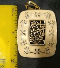 HAND ENAMELED FLORAL GOLD Off White FRAMED FORGET ME NOT CARTOUCHE PENDANT (403)