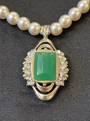 Vintage Designer Lanvin Emerald Rhinestone? Pendant 14k Gold Pearl Necklace