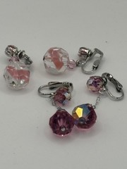 2 Pairs Pink AB Aurora Borealis Crystal Dangle Drop Clip-on Earrings Vtg