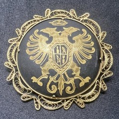 Vintage Toledo Spain Coat Of Arms Damascene Brooch Eagle Trombone Clasp