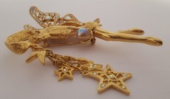 KIRK’S FOLLY Fairy Godmother Brooch Crystal Orb Large Gold Tone Wings Vtg 3-1/2″