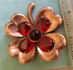 Sterling & Red Stones Four Heart Petals Flower Brooch Pin