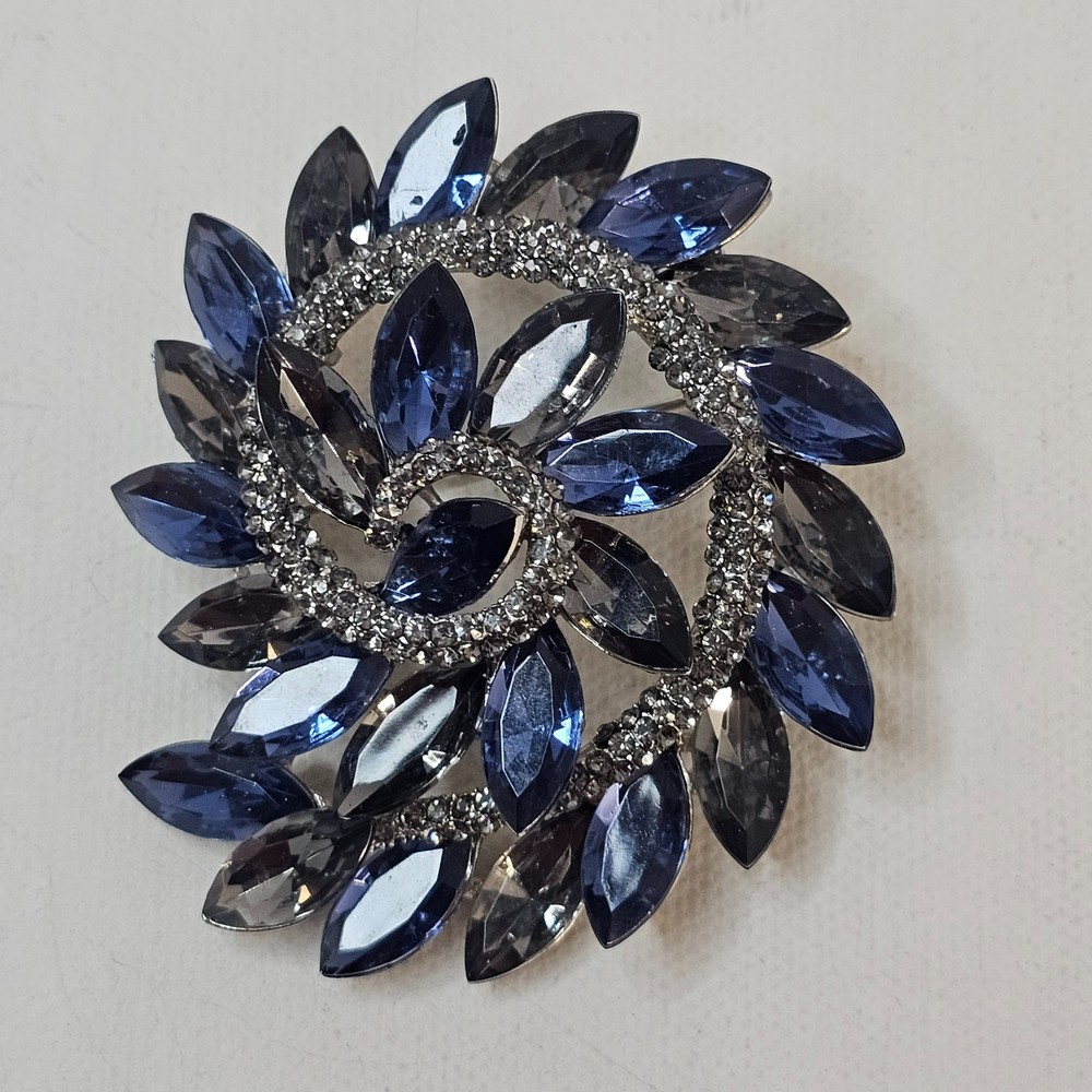 Silver Metal Colored Swirl Brooch Blue Gray Navette Rhinestone Unmarked Pendant