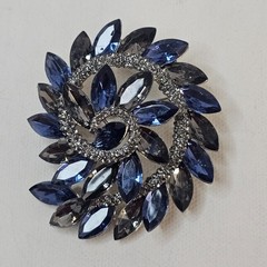 Silver Metal Colored Swirl Brooch Blue Gray Navette Rhinestone Unmarked Pendant