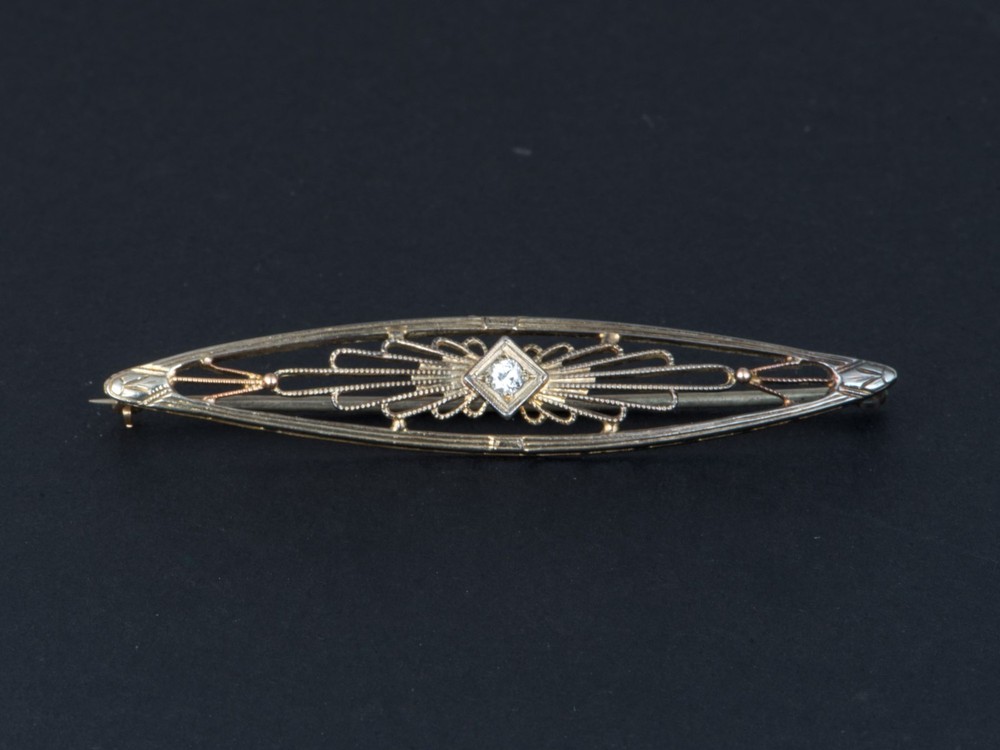 14K Gold Vintage Art Deco Filigree Bar Pin with Diamond Brooch Long Elongated