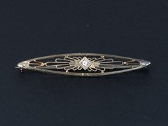 14K Gold Vintage Art Deco Filigree Bar Pin with Diamond Brooch Long Elongated