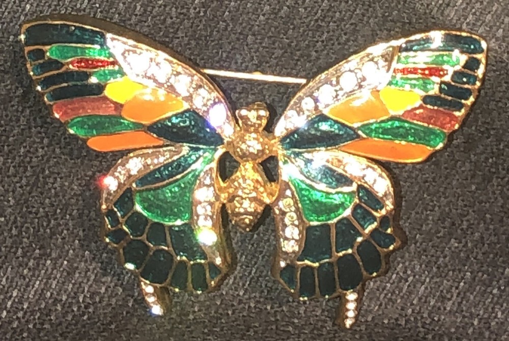 Butterfly Brooch 2 Inches Wide Gold Tone Metal ORANGE YELLOW BLUE GREEN IN WINGS